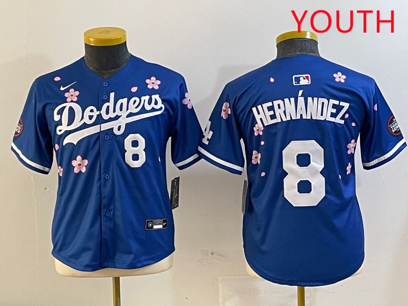 Youth Los Angeles Dodgers 8 Hernandez Blue Sakura Edition 2025 Nike MLB Jersey style 2